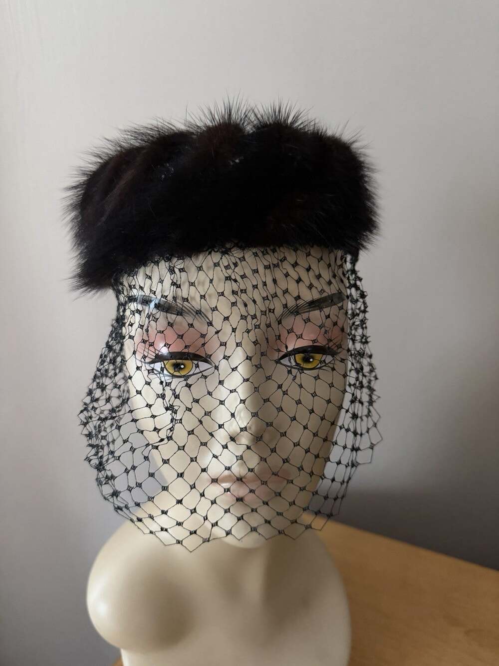 Vintage Mink Pillbox Hat With Black Netting & Black Satin Bow
